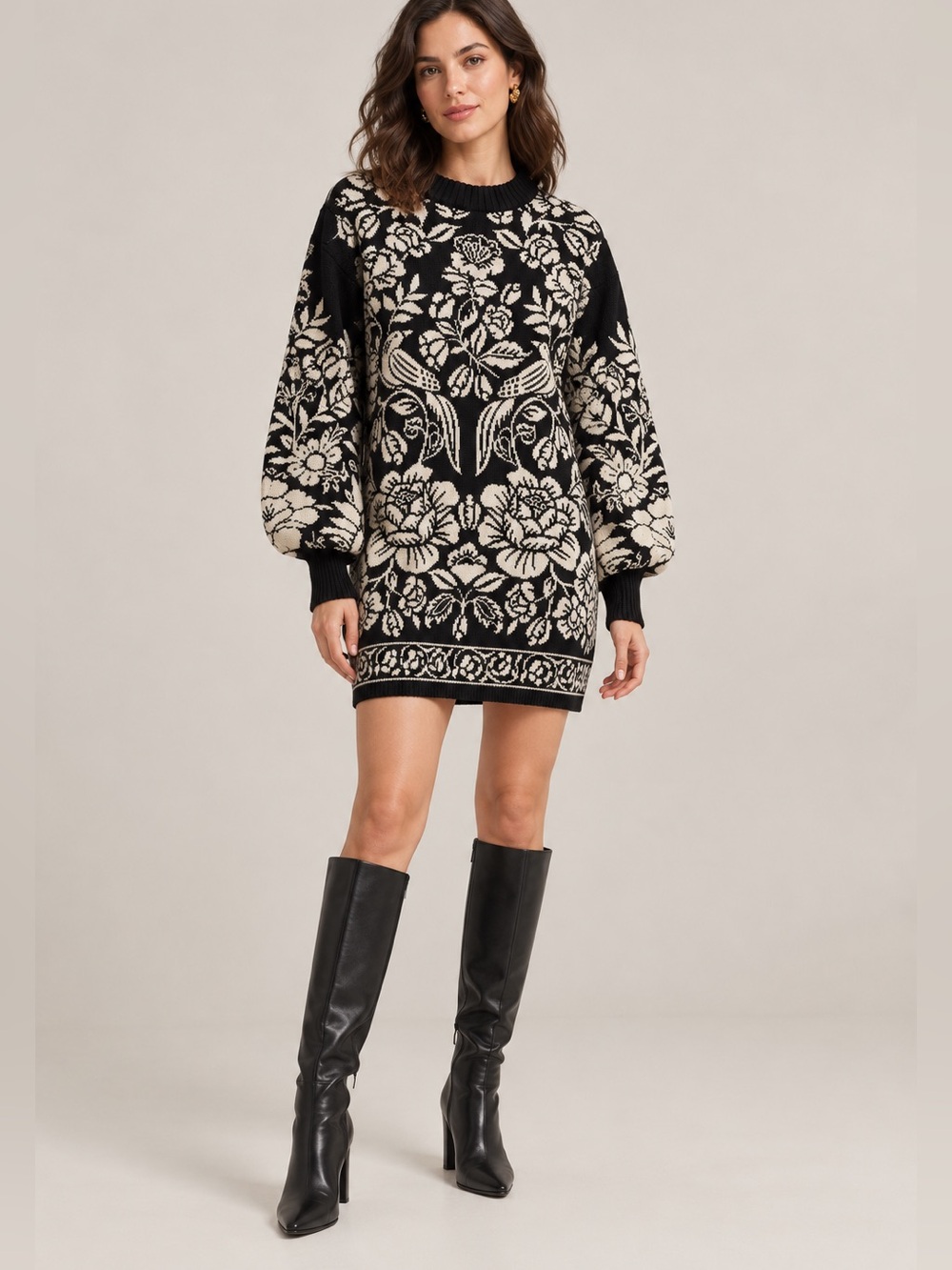 Farm Rio Sweater Dress Women’s Medium Cashew & Birds Floral Chunky Knit L